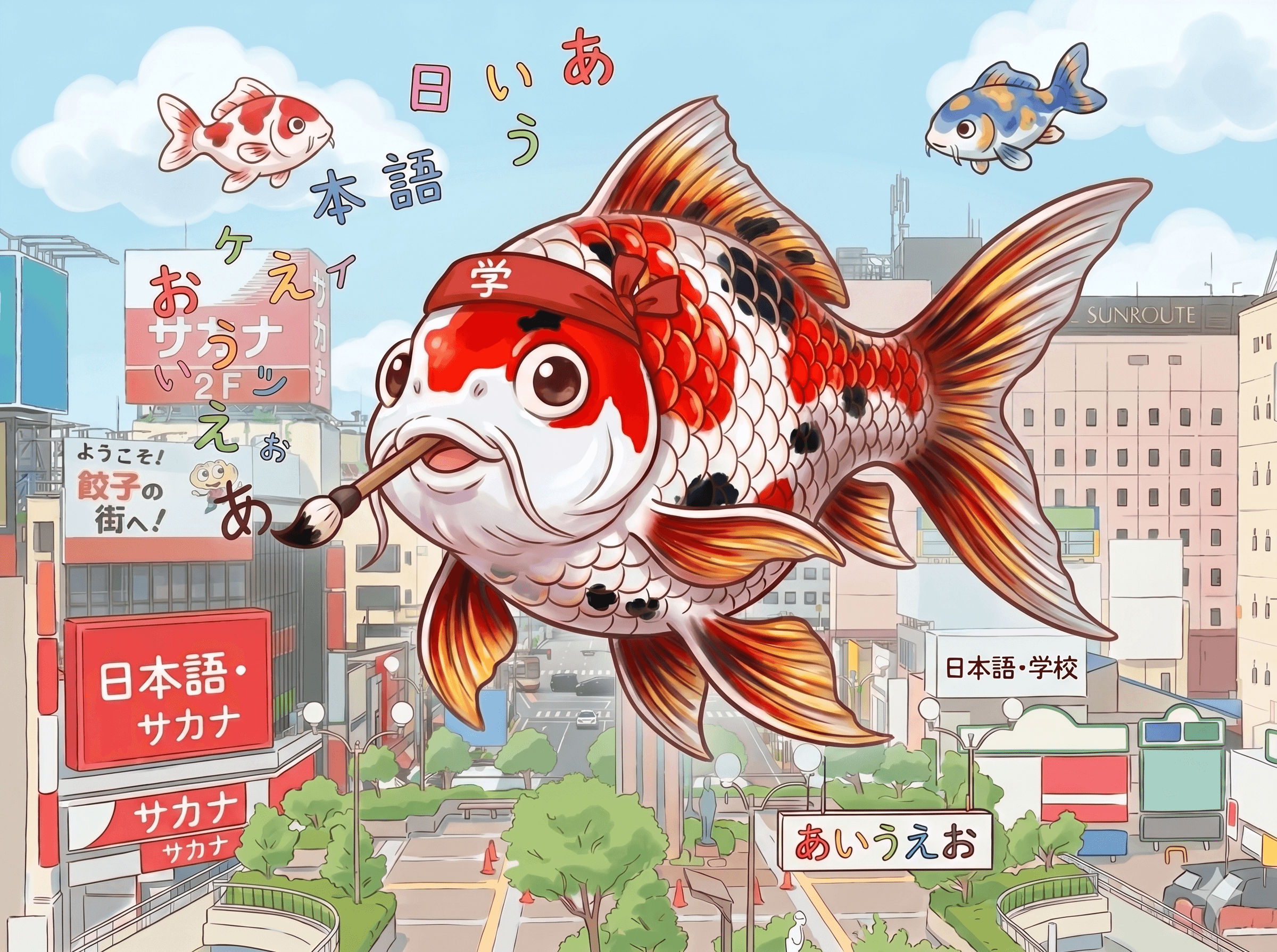 Kohaku, a red-and-white koi studying Japanese